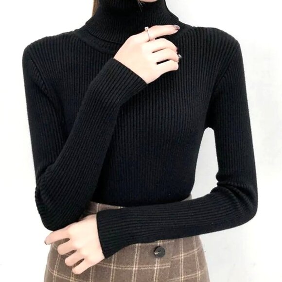 BLACK ONE SIZE FITS ALL LONG SLEEVE FINE RIB LIGHTWEIGHT TURTLENECK - Picture 1 of 1